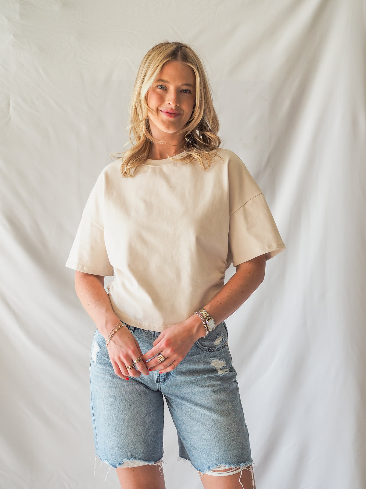 Suzy Semi Cropped Elbow Sleeve Ruched Top - 2 Colors