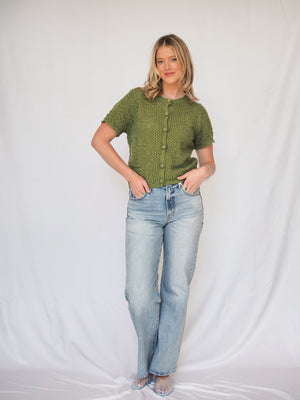 Pattered Crochet Short Sleeve Crop Green Cardigan