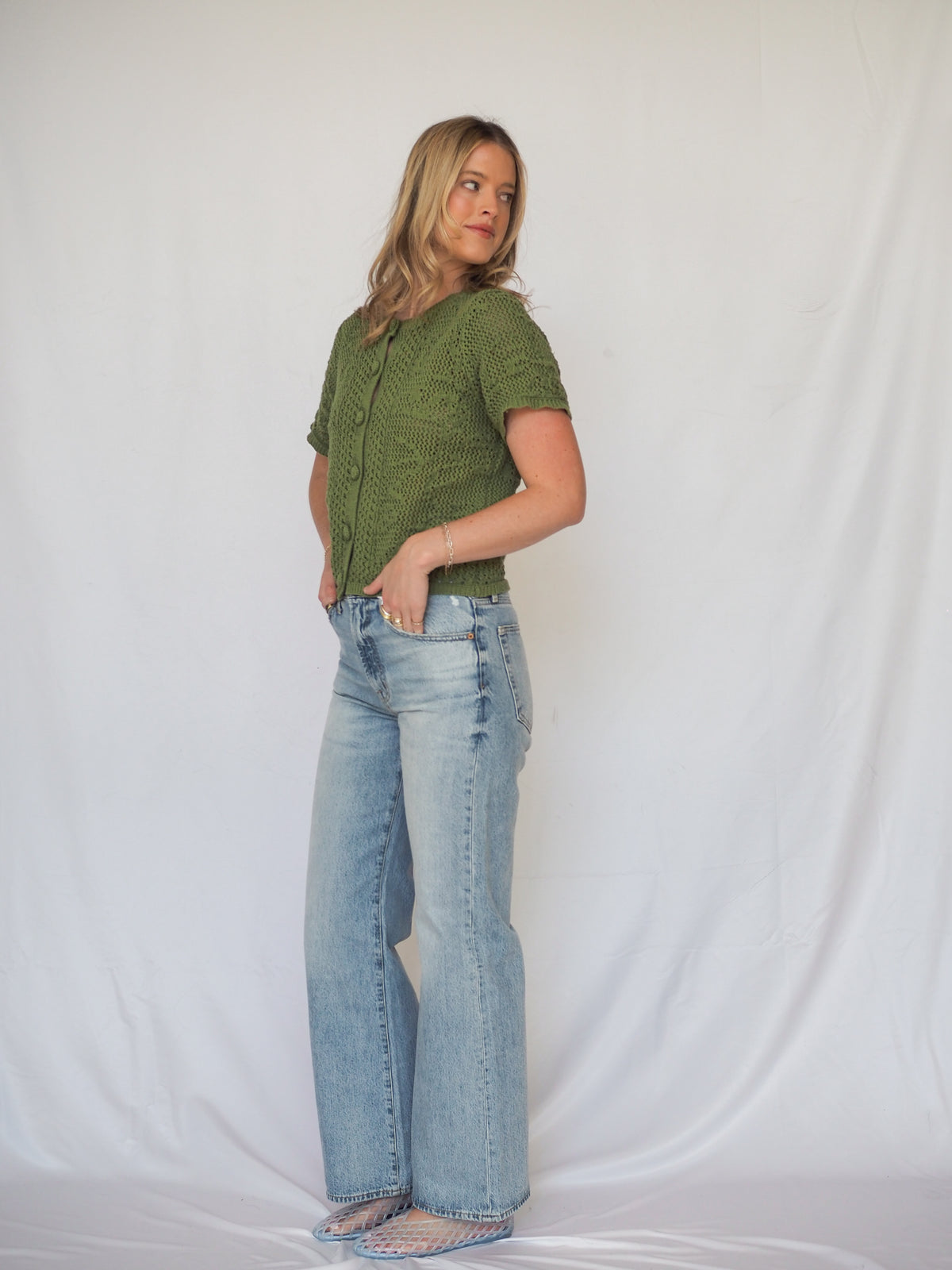 Pattered Crochet Short Sleeve Crop Green Cardigan