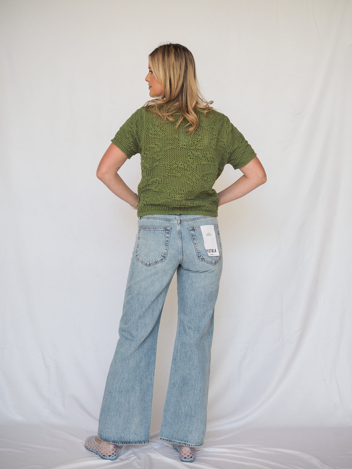 Pattered Crochet Short Sleeve Crop Green Cardigan