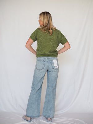 Pattered Crochet Short Sleeve Crop Green Cardigan