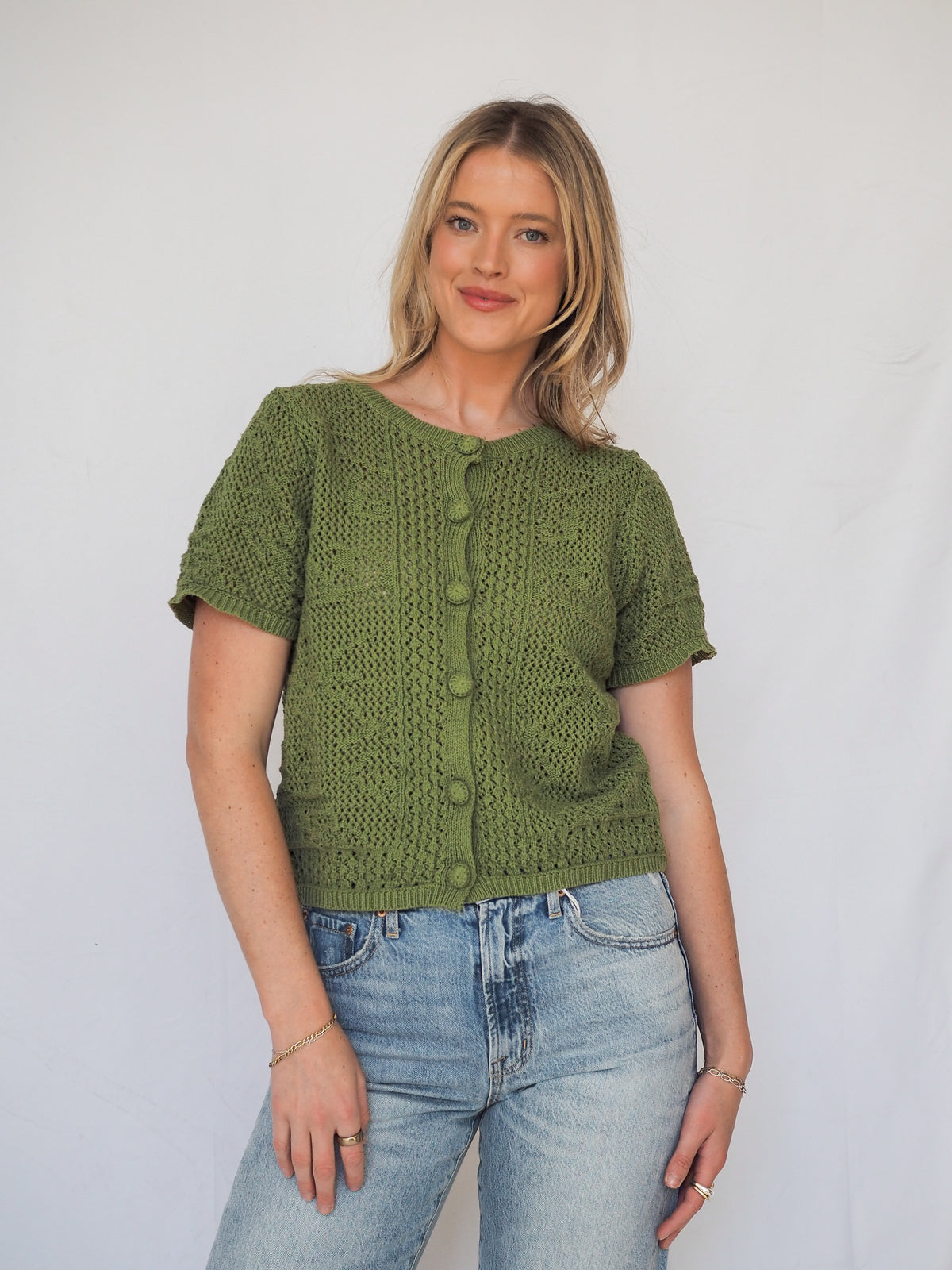 Pattered Crochet Short Sleeve Crop Green Cardigan