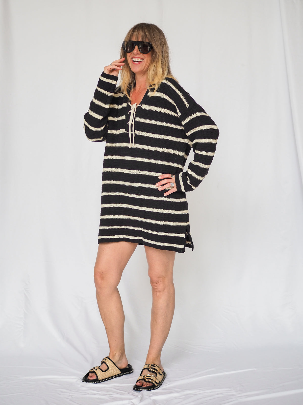 The Throwover Croched V-Neck Mini Dress in Black