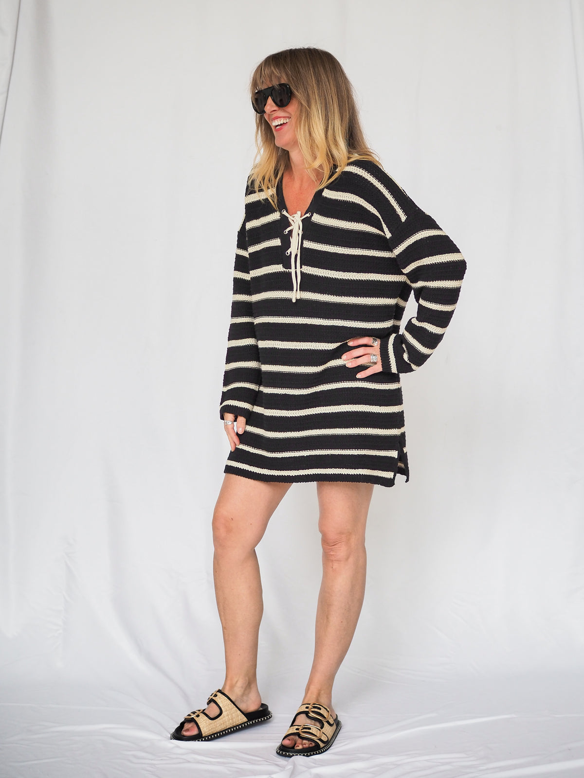 The Throwover Croched V-Neck Mini Dress in Black
