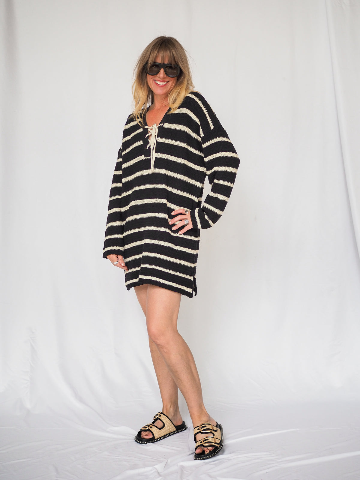 The Throwover Croched V-Neck Mini Dress in Black