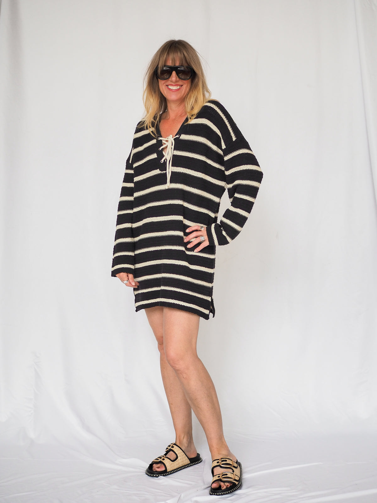 The Throwover Croched V-Neck Mini Dress in Black
