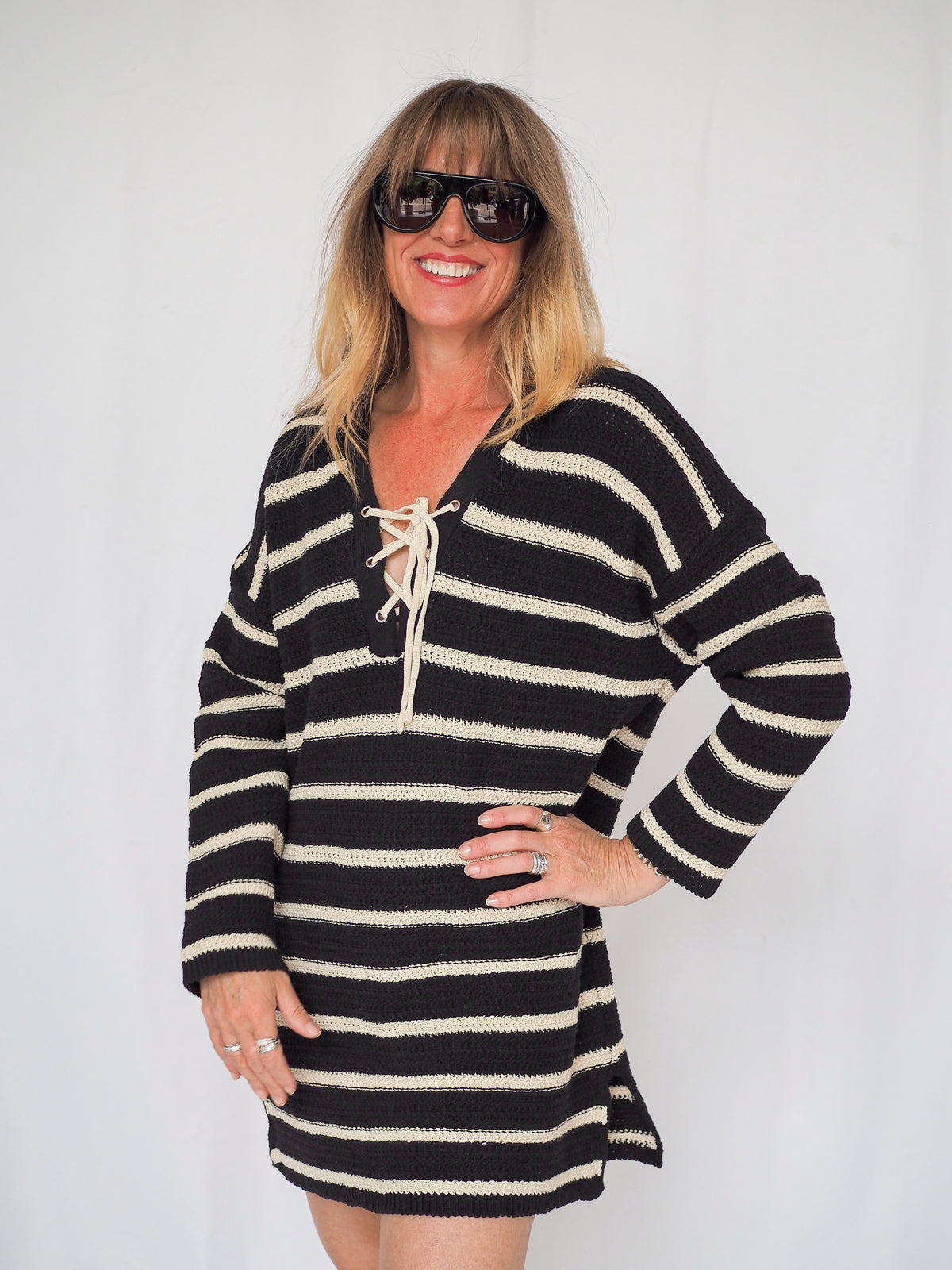 The Throwover Croched V-Neck Mini Dress in Black