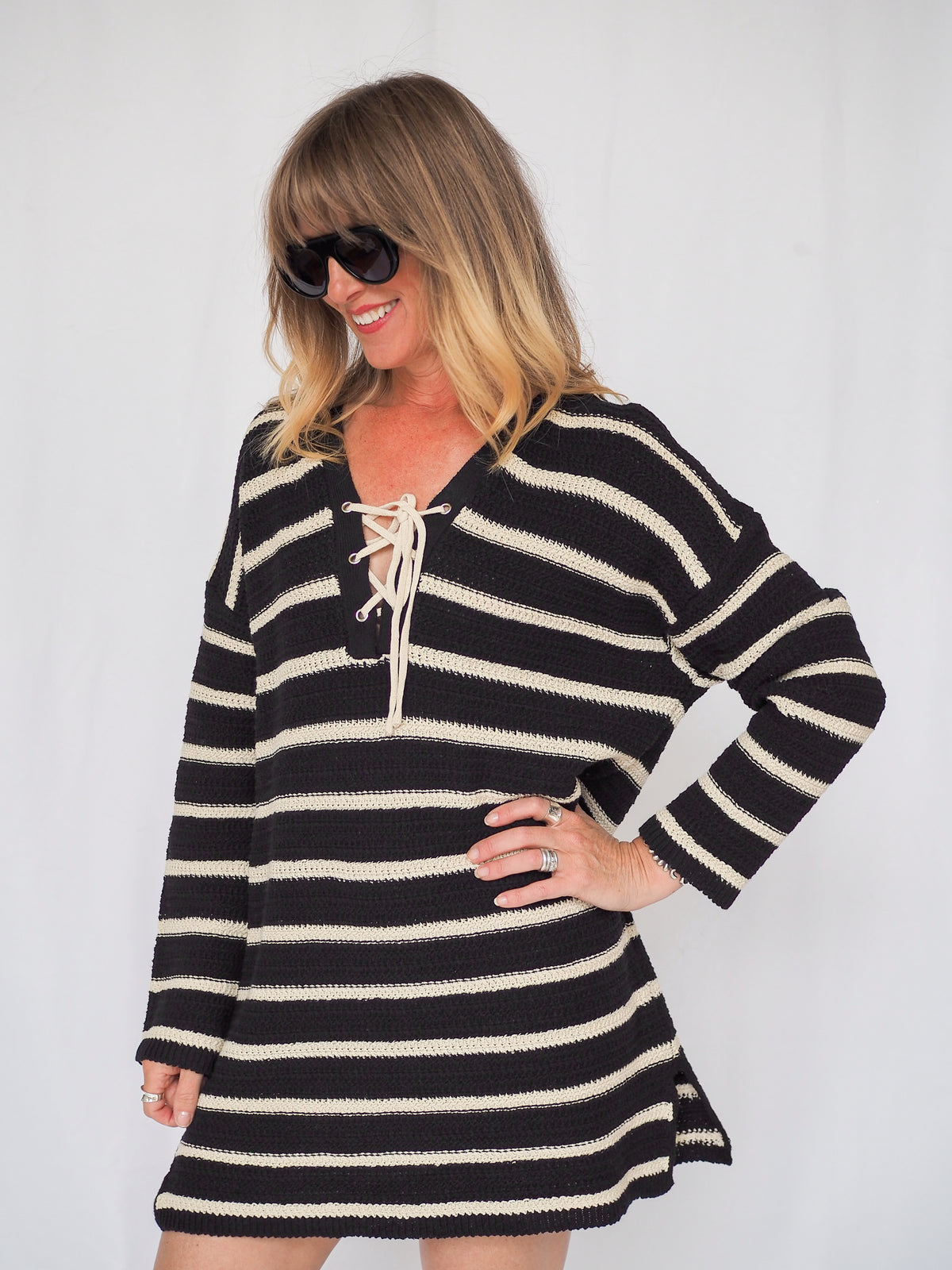 The Throwover Croched V-Neck Mini Dress in Black