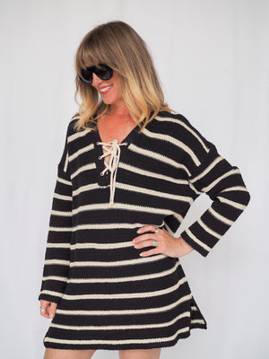 The Throwover Croched V-Neck Mini Dress in Black