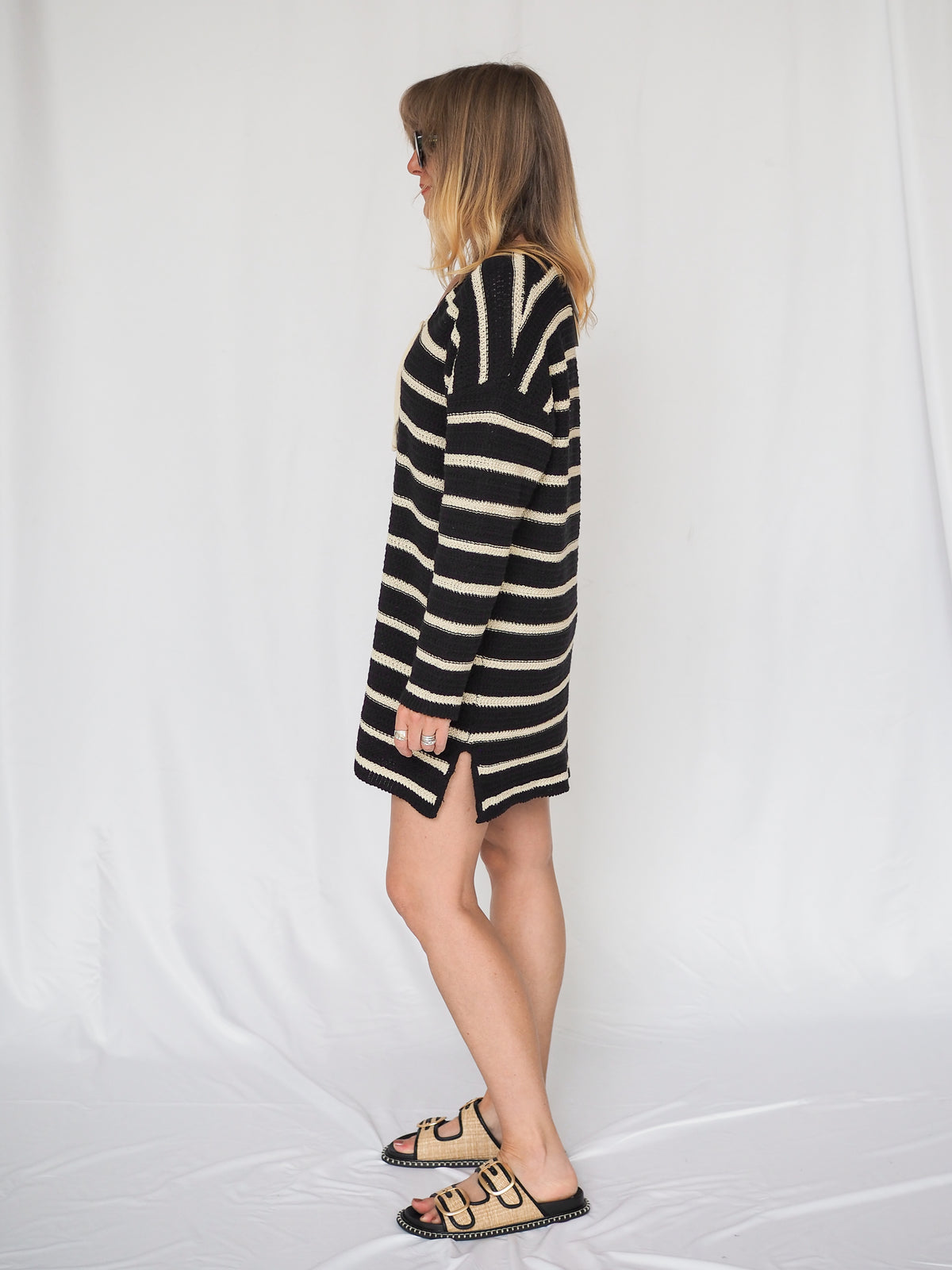 The Throwover Croched V-Neck Mini Dress in Black