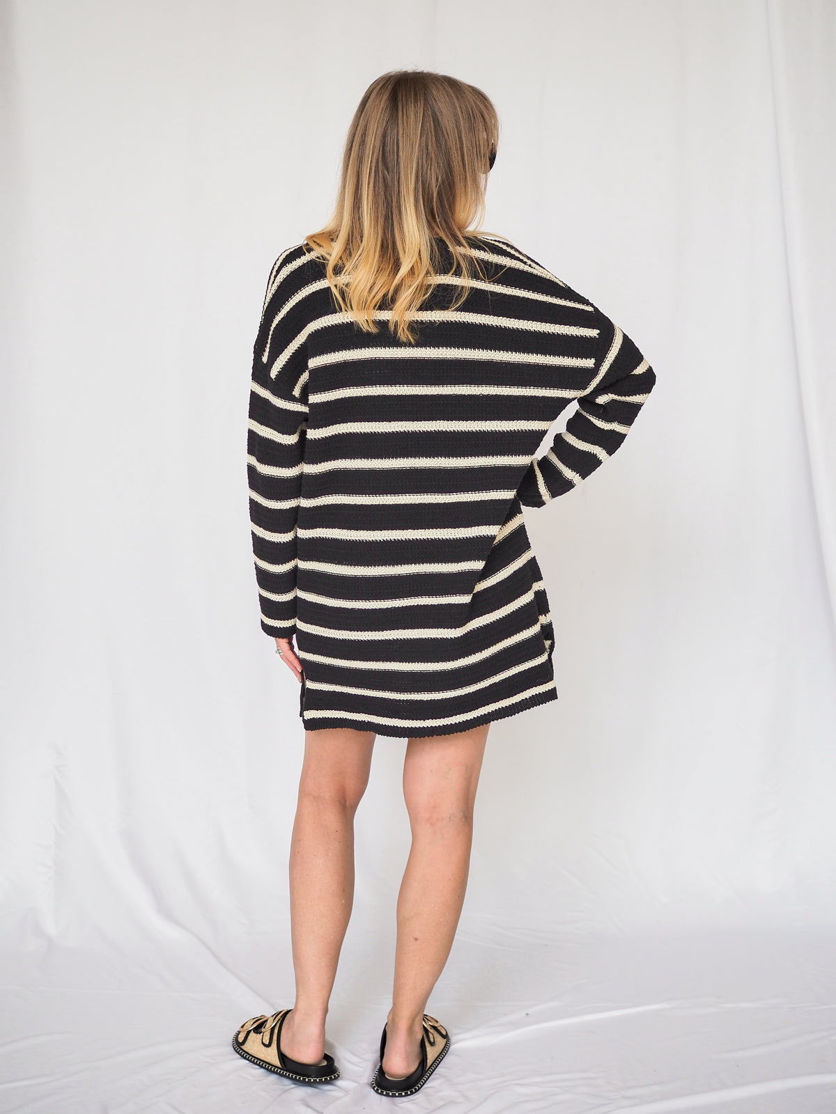 The Throwover Croched V-Neck Mini Dress in Black