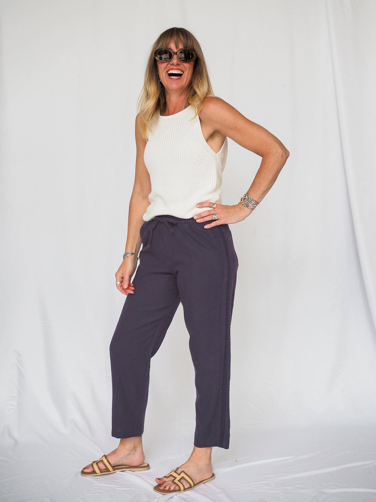 Navy Crochet Linen Pants in Navy