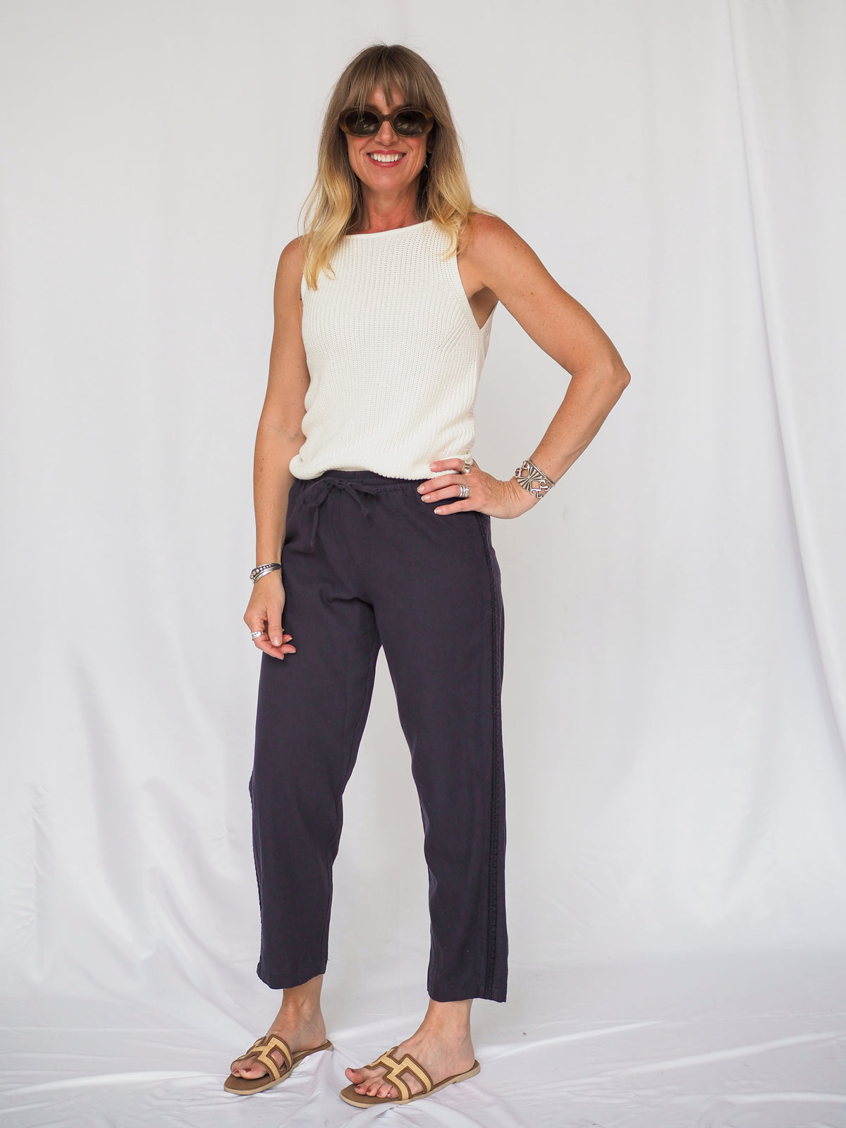 Navy Crochet Linen Pants in Navy