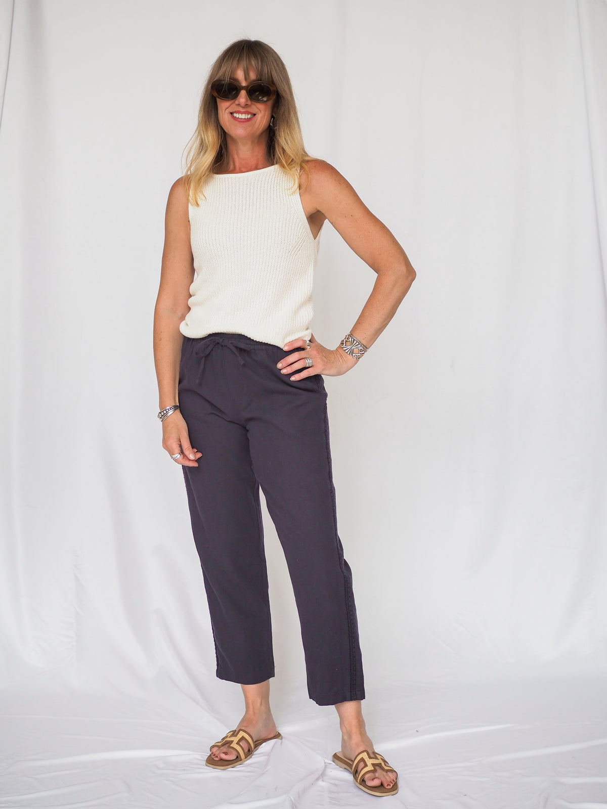 Navy Crochet Linen Pants in Navy