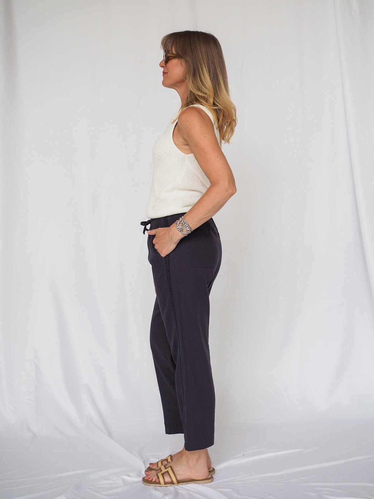 Navy Crochet Linen Pants in Navy