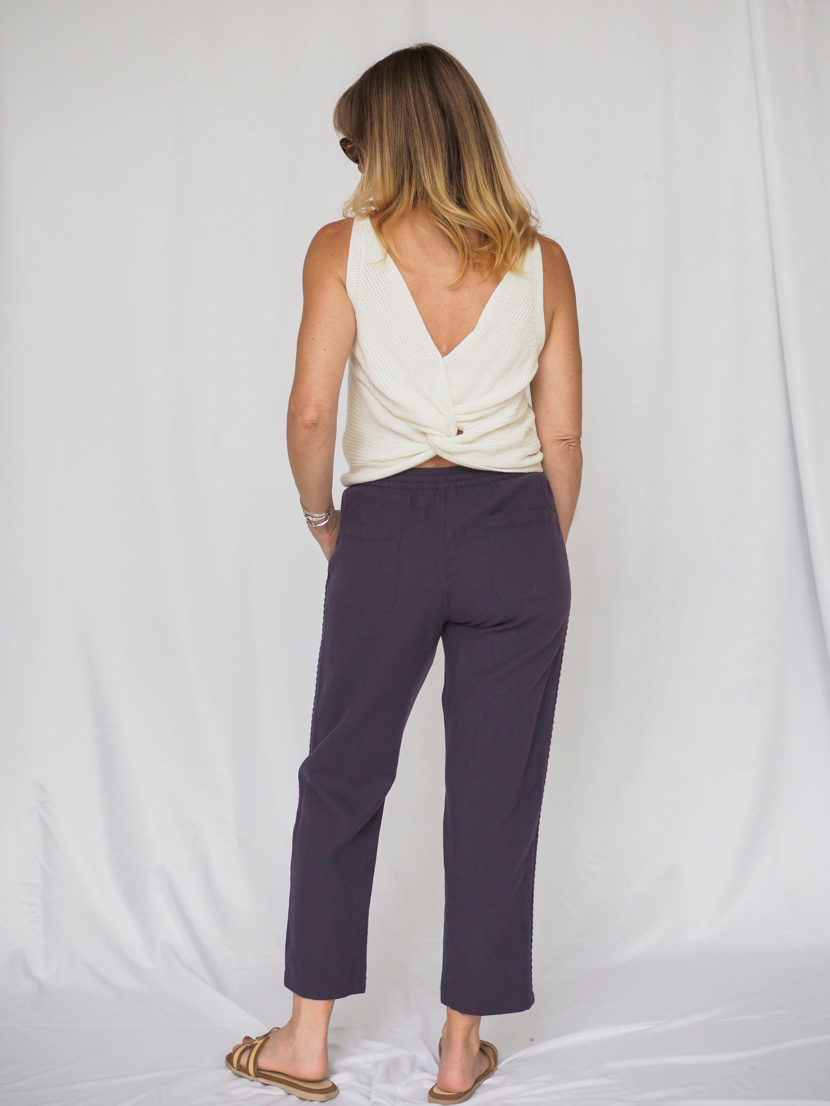 Navy Crochet Linen Pants in Navy