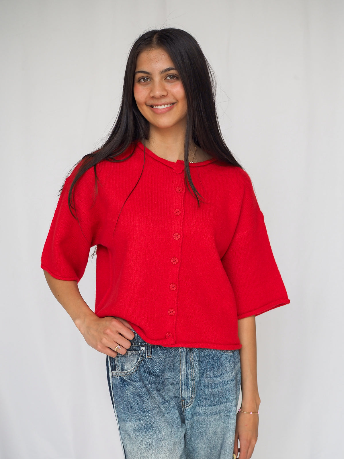 Knit Sweater Quarter Sleeve Button Up Cardigan Top - 4 Colors