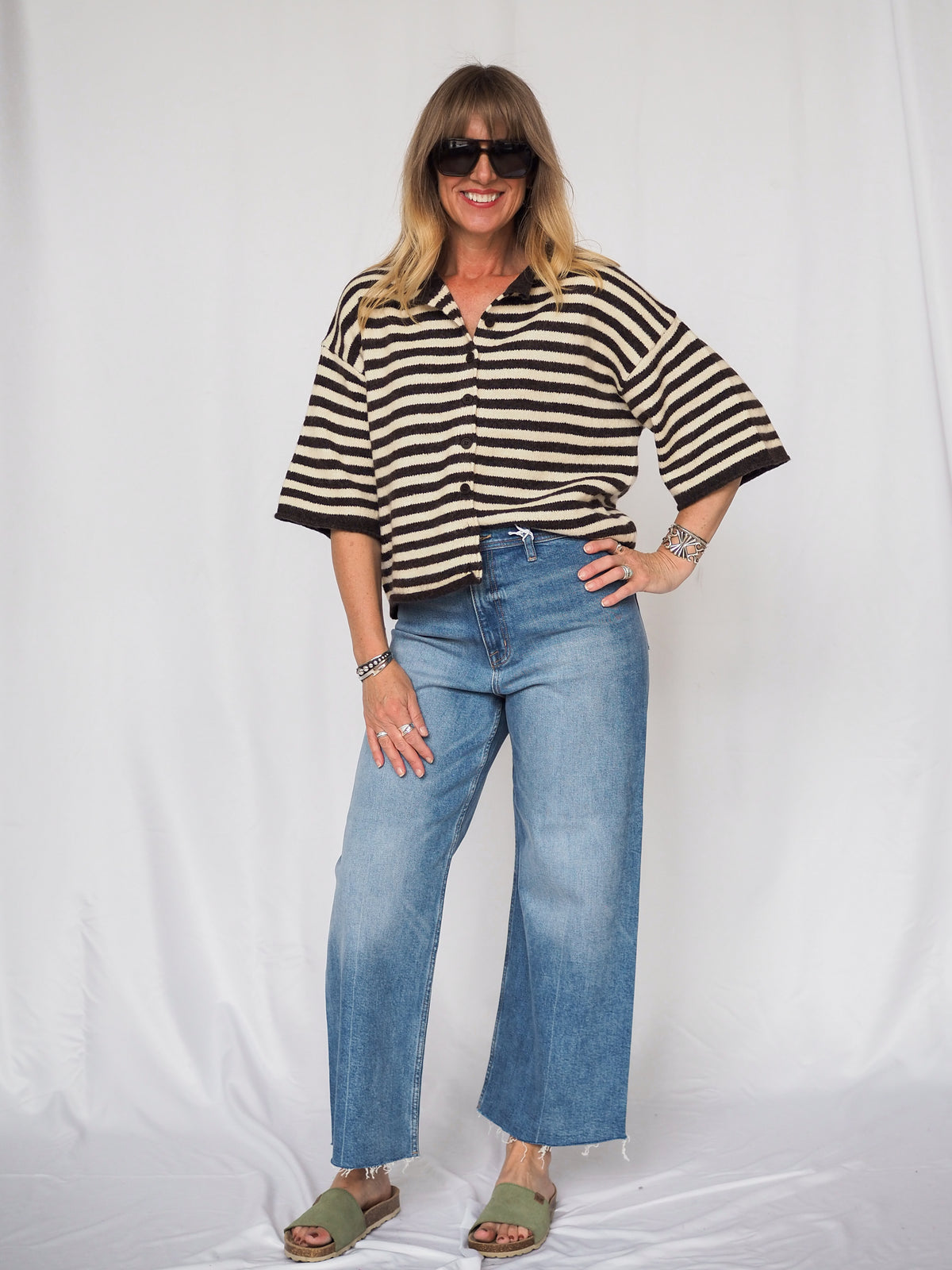 Knit Sweater Striped Quarter Sleeve Cardigan