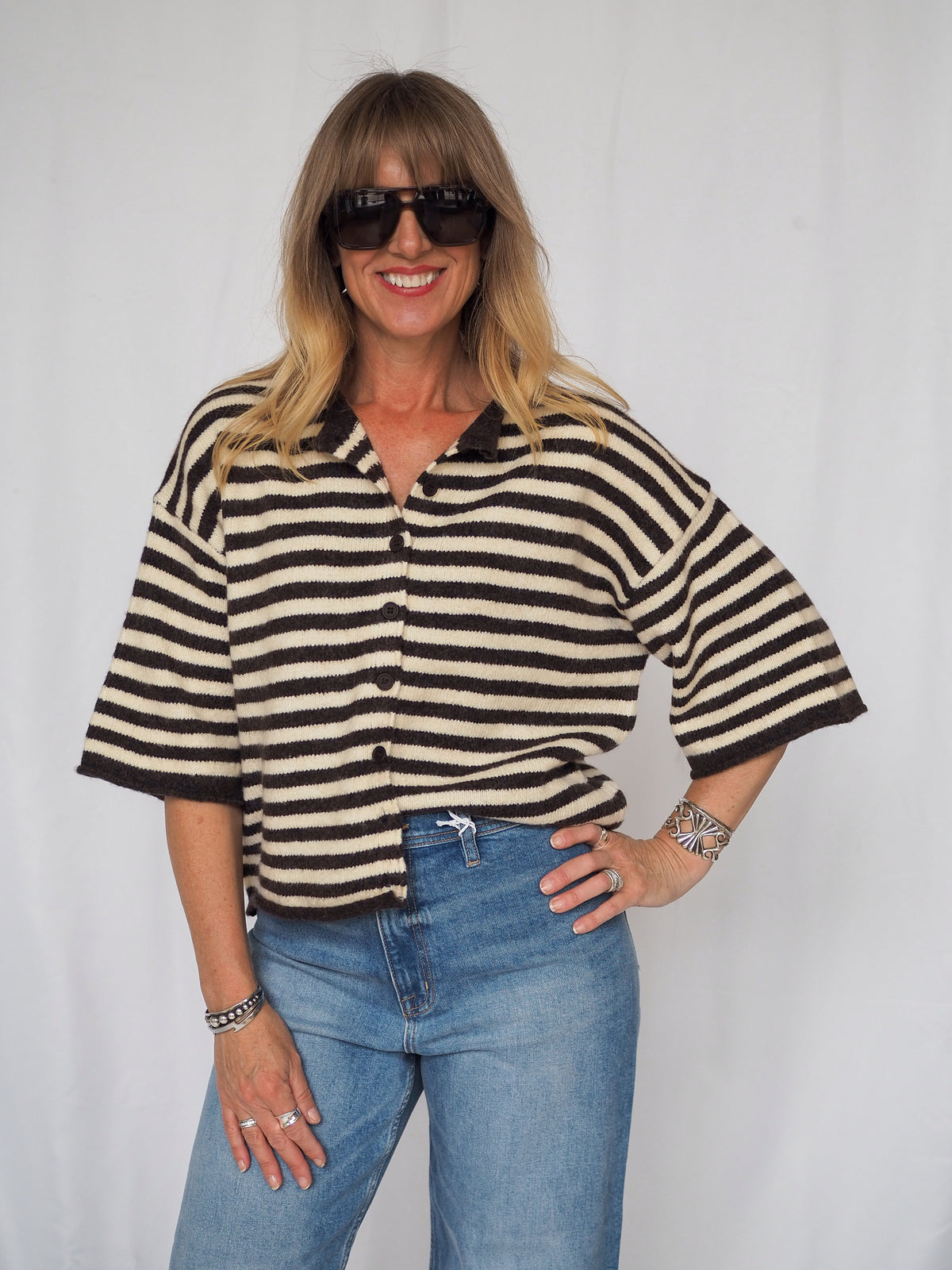 Knit Sweater Striped Quarter Sleeve Cardigan