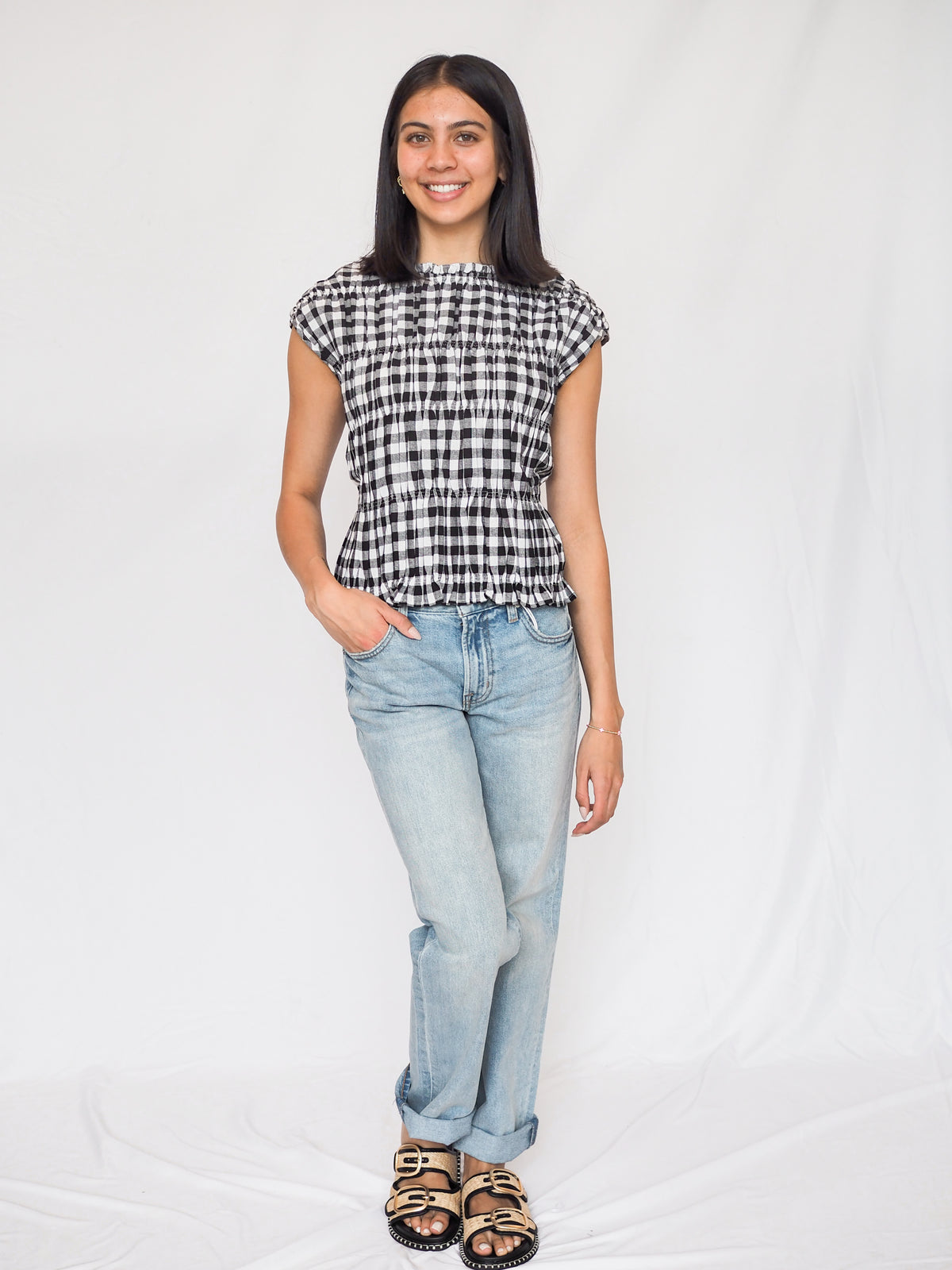 Linen Smocking Round Neck Sleeveless Top