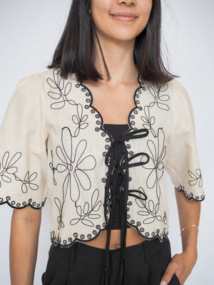 Linen Embroidered V Neck Short Sleeve Blouse Top