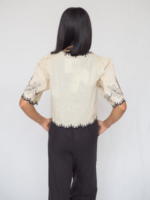 Linen Embroidered V Neck Short Sleeve Blouse Top