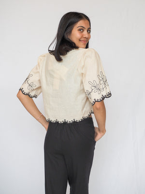 Linen Embroidered V Neck Short Sleeve Blouse Top
