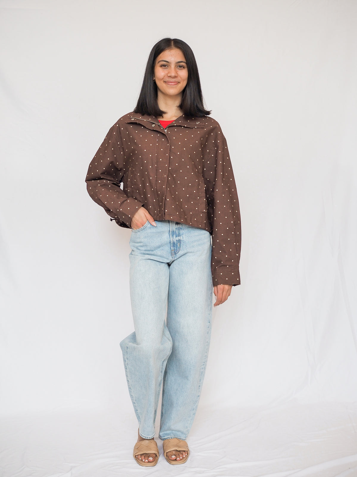 Polka Dot High Neck Drawstring Pullover Jacket