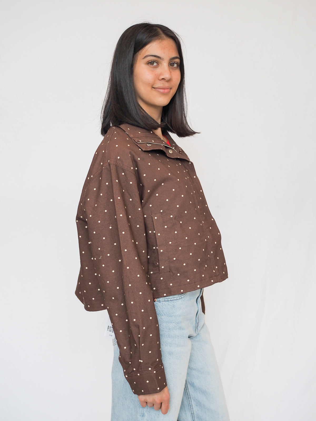 Polka Dot High Neck Drawstring Pullover Jacket