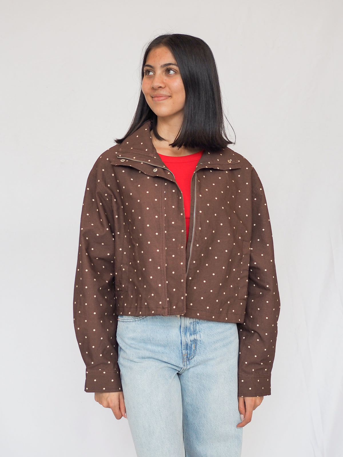Polka Dot High Neck Drawstring Pullover Jacket