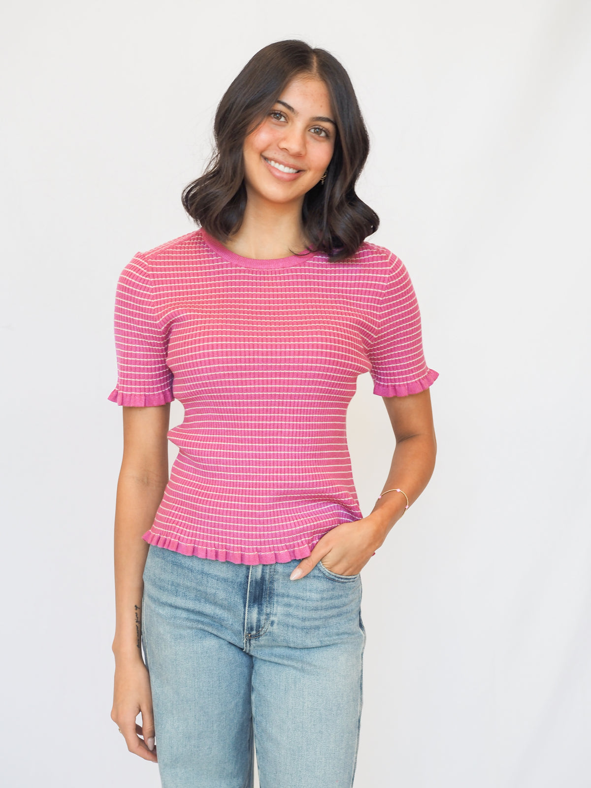 Lainey Mini Striped Ruffled Top In Berry