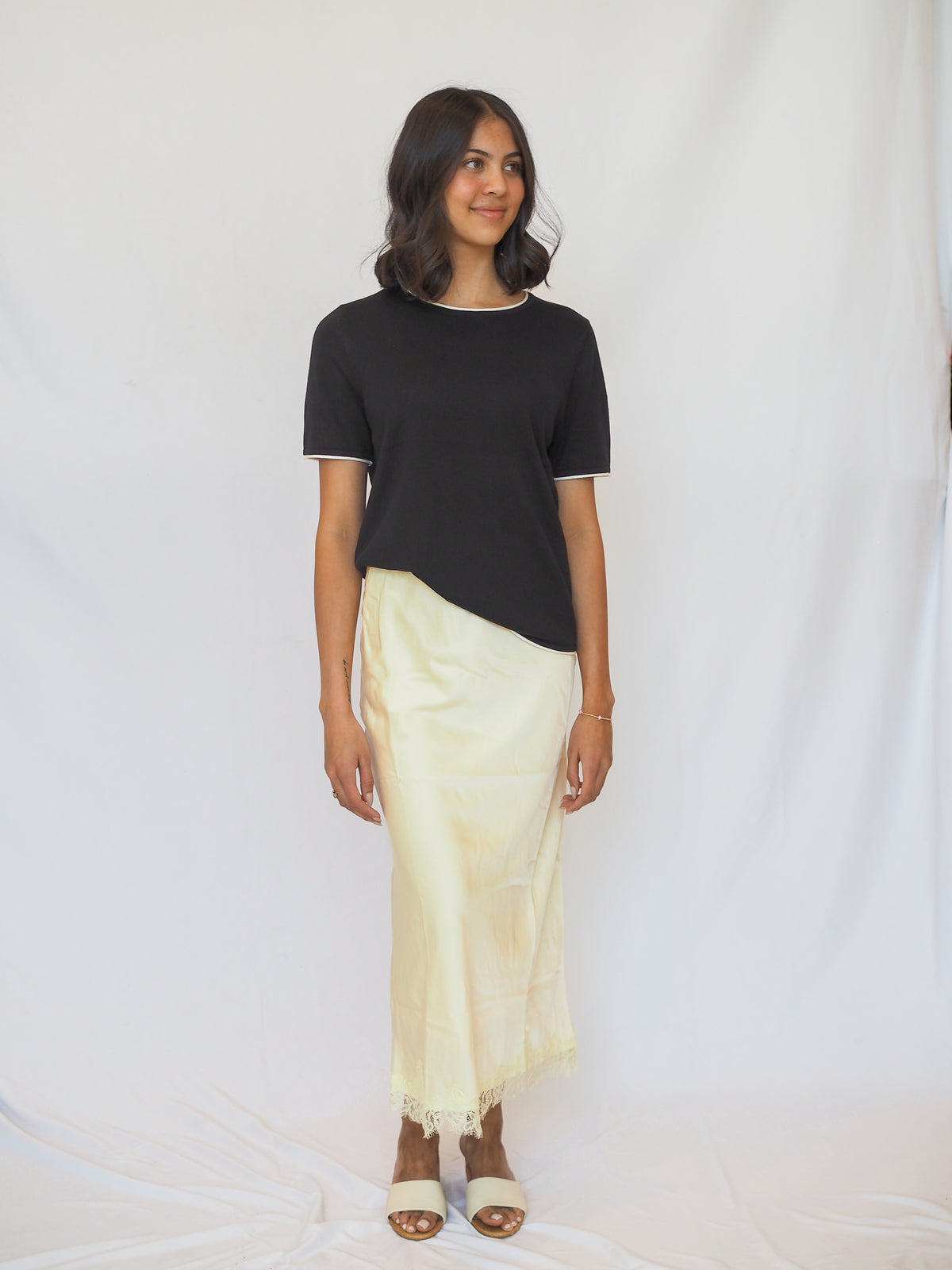Woven Satin Midi Yellow Lace Skirt