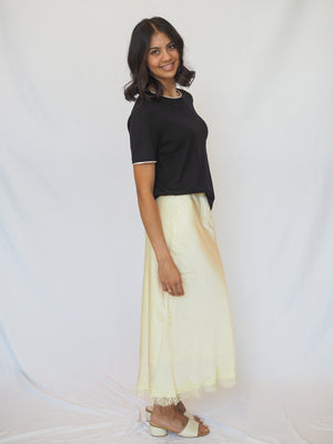 Woven Satin Midi Yellow Lace Skirt