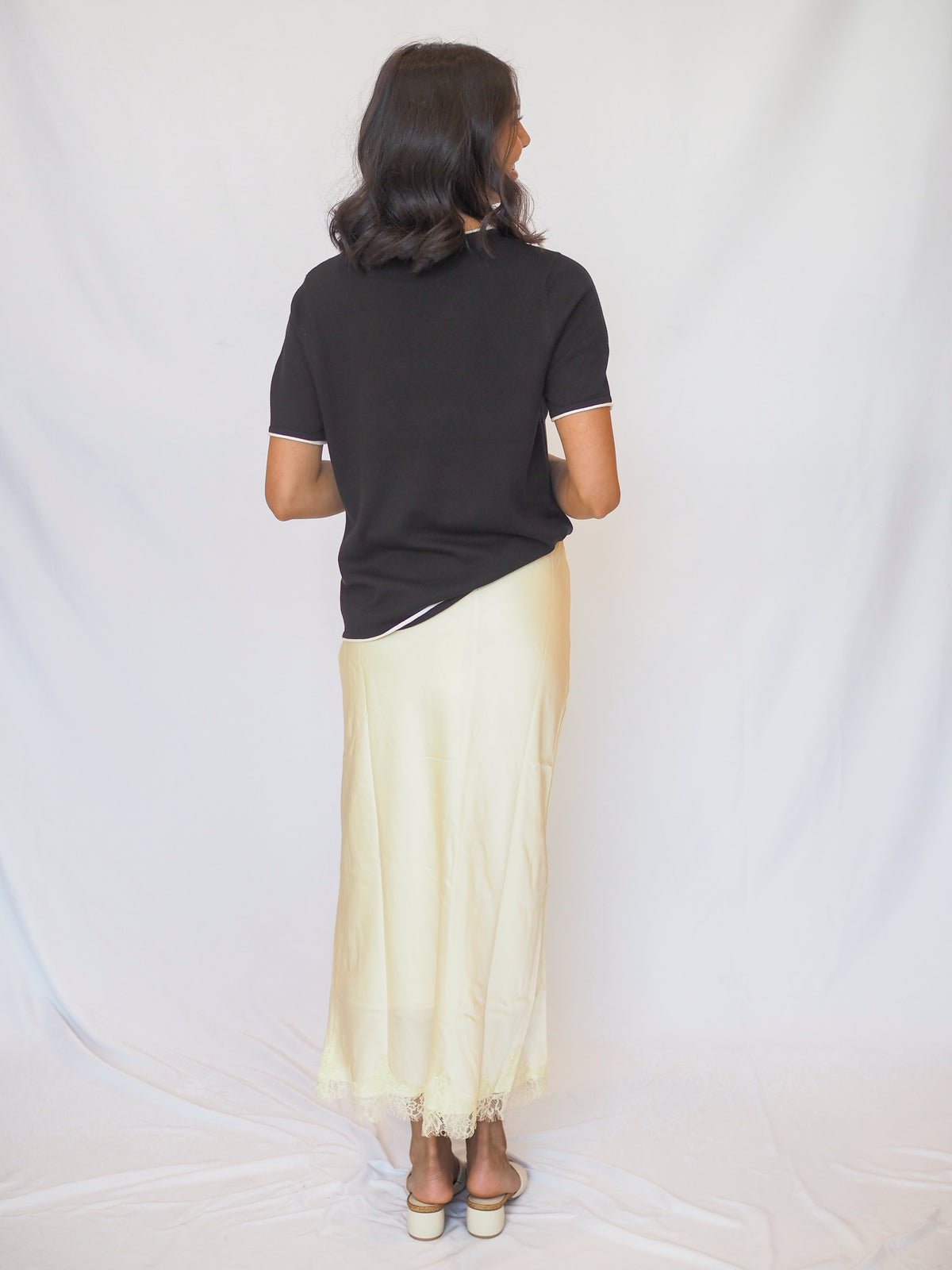 Woven Satin Midi Yellow Lace Skirt