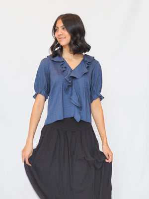 Woven Cotton Buttondown V-Neck Short Sleeve Top