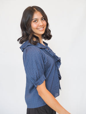 Woven Cotton Buttondown V-Neck Short Sleeve Top