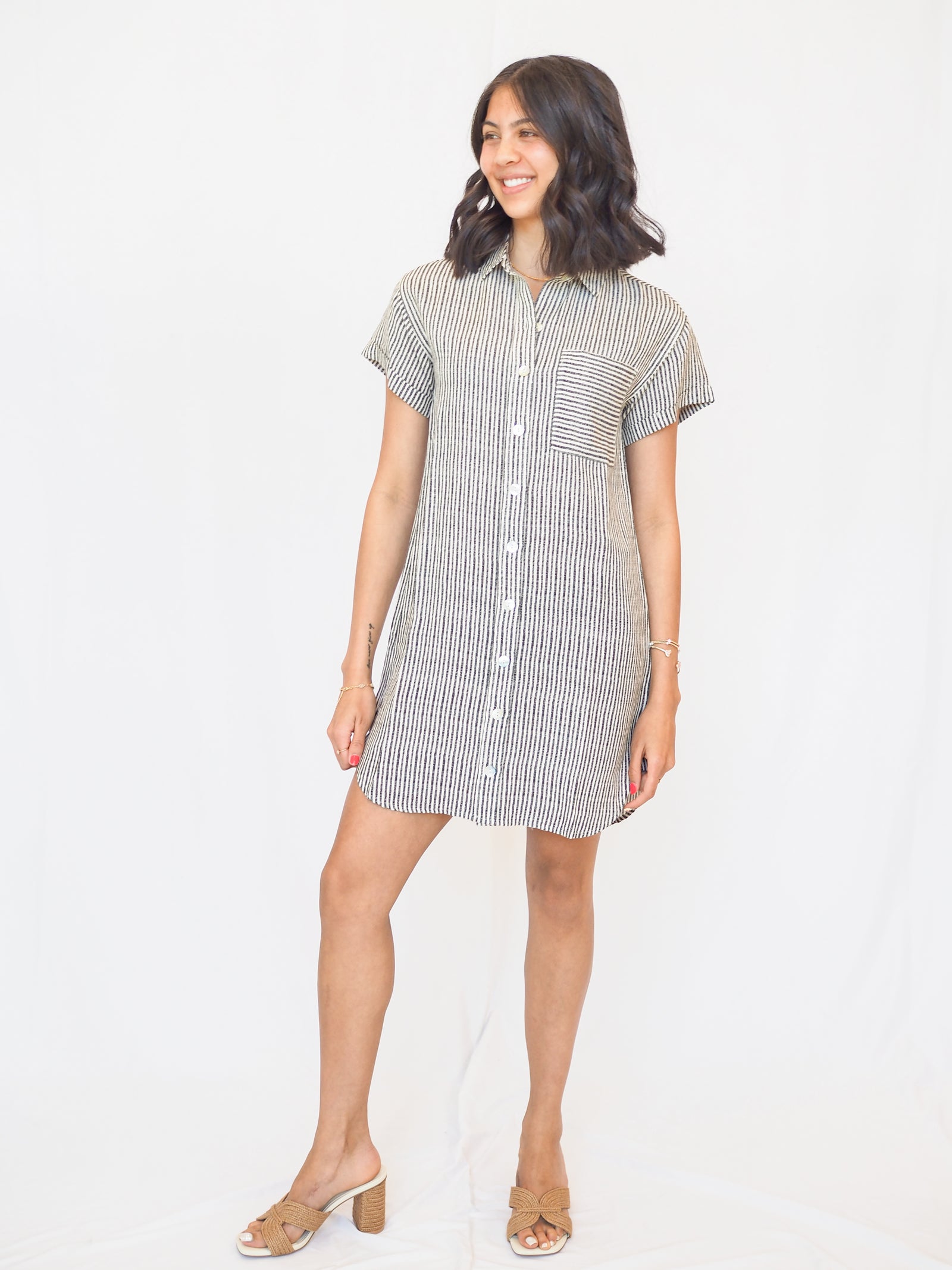 Roll Sleeve Pocket Dress in Hatch Stripe