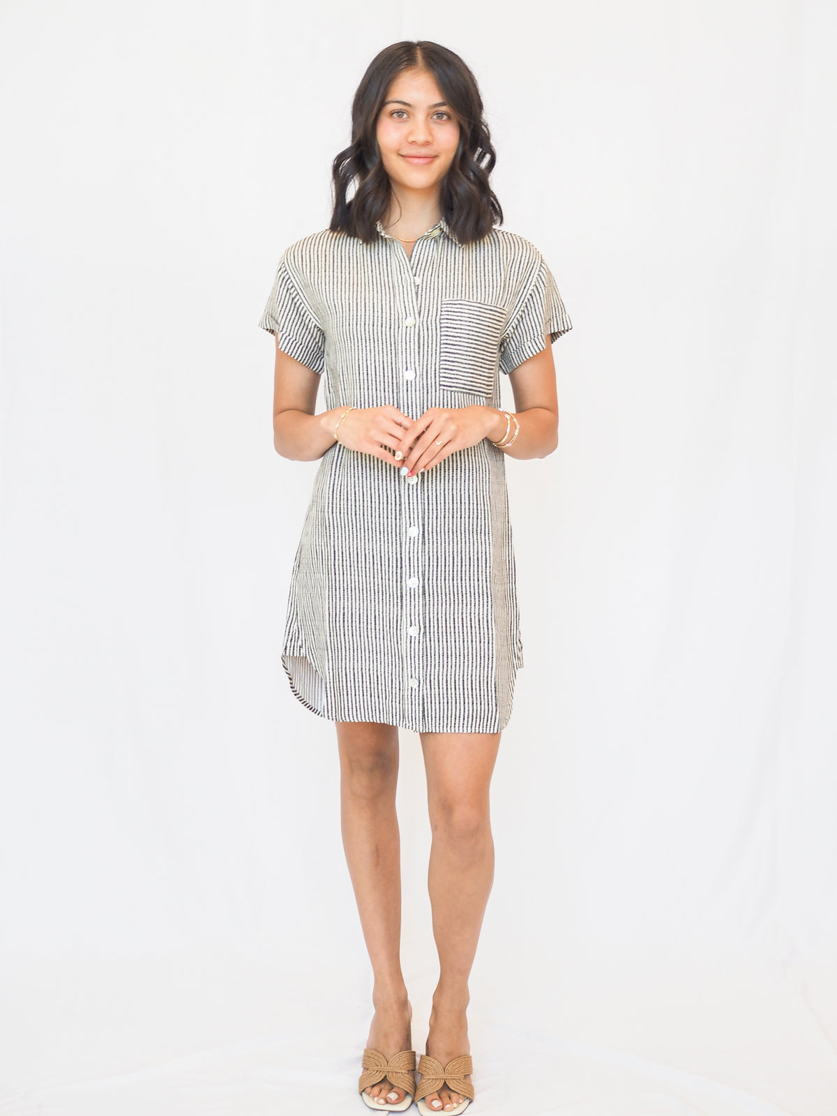 Roll Sleeve Pocket Dress in Hatch Stripe