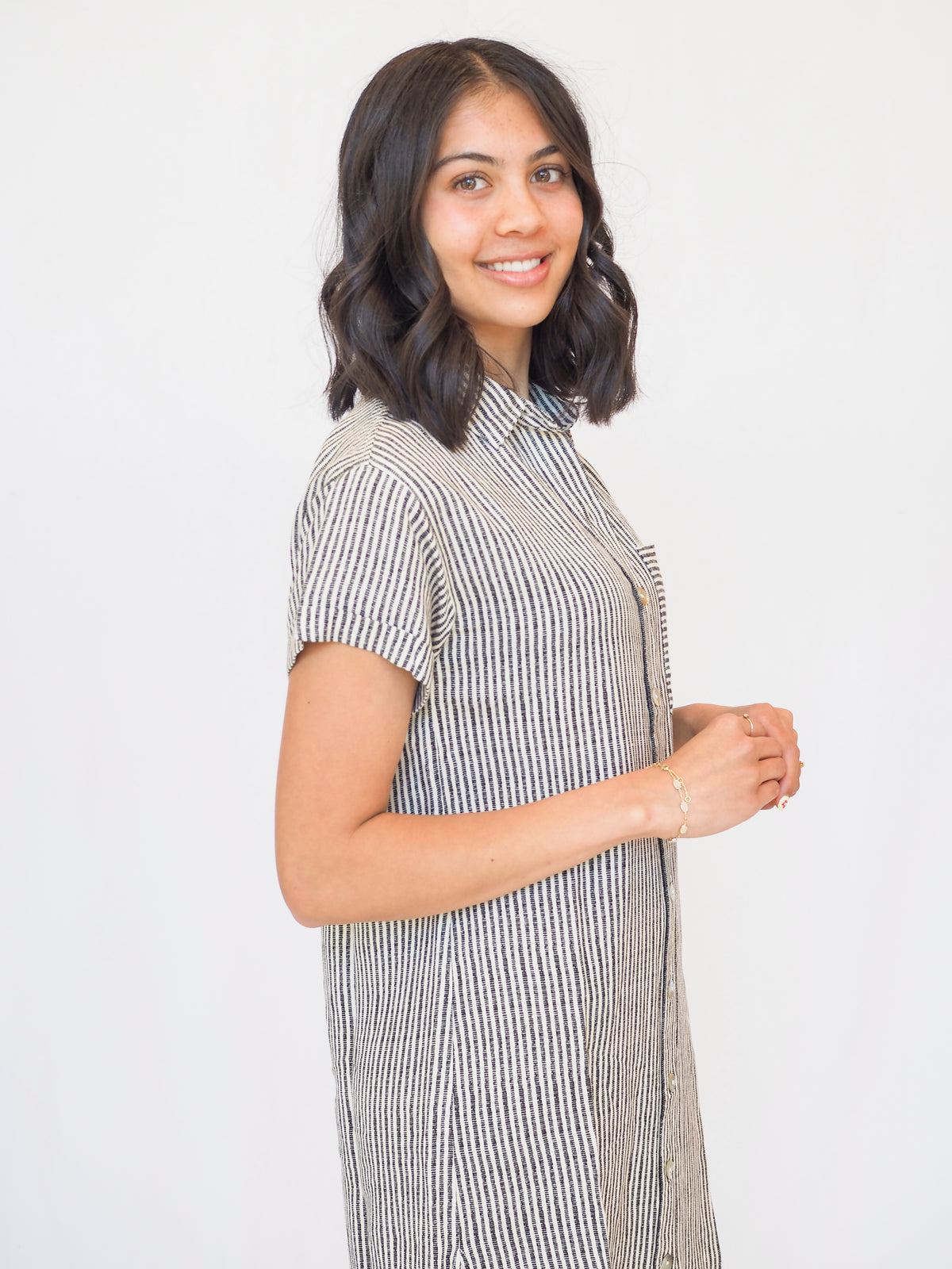 Roll Sleeve Pocket Dress in Hatch Stripe