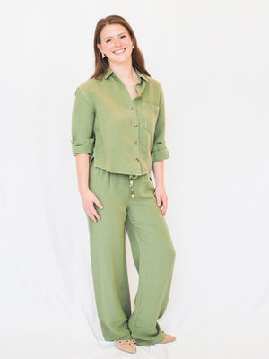 Beaded Drawstring Pant in Olive Leaf