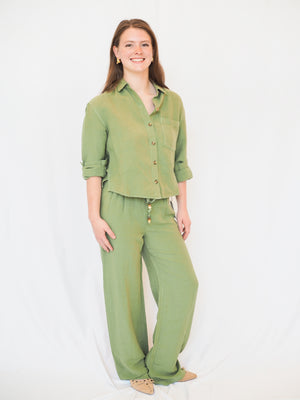 Beaded Drawstring Pant in Olive Leaf