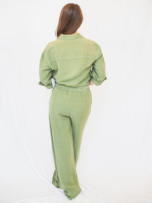 Beaded Drawstring Pant in Olive Leaf