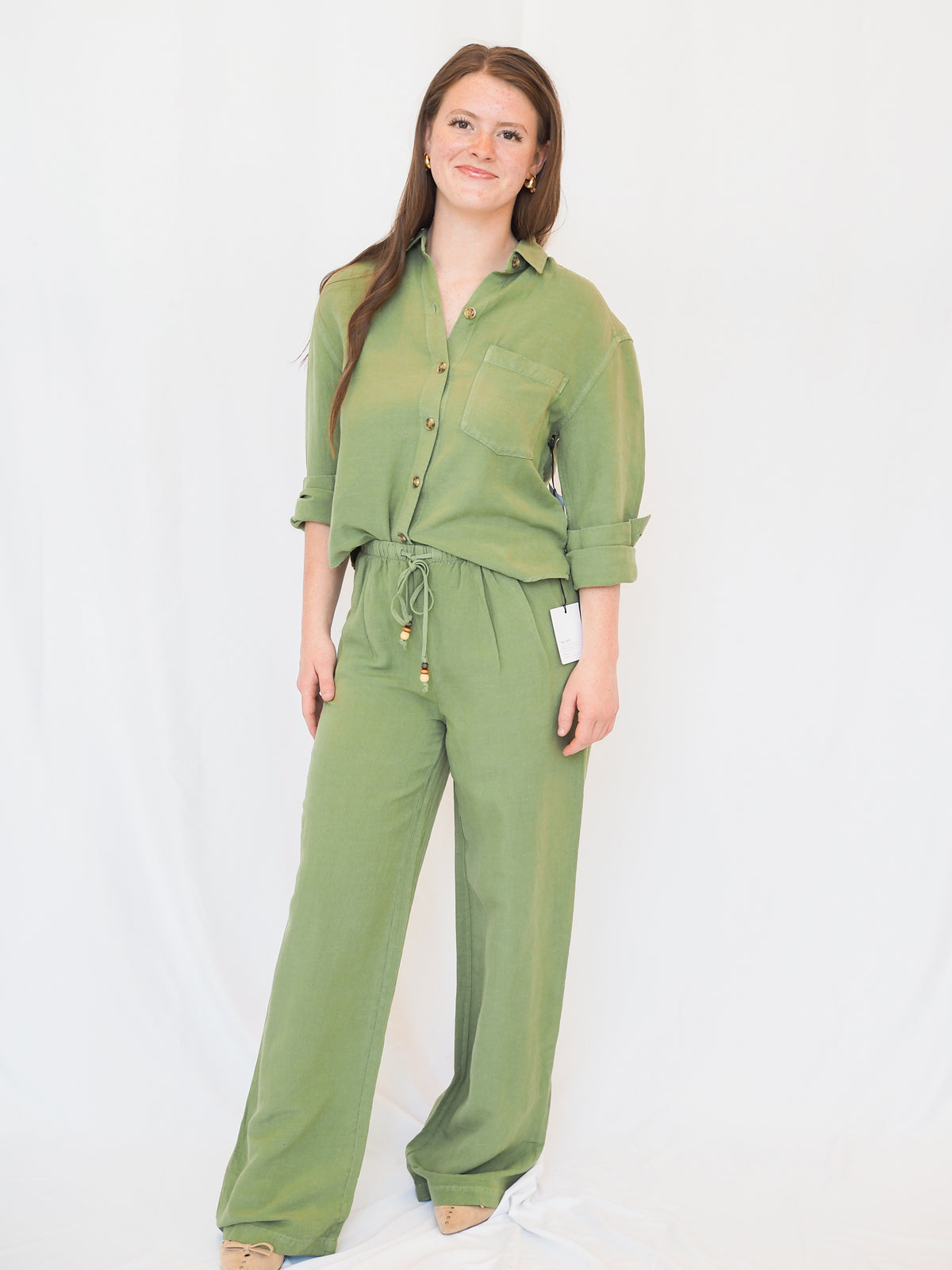 Beaded Drawstring Pant in Olive Leaf