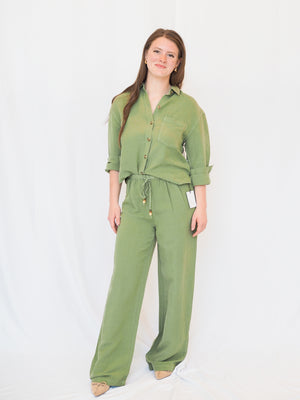 Beaded Drawstring Pant in Olive Leaf