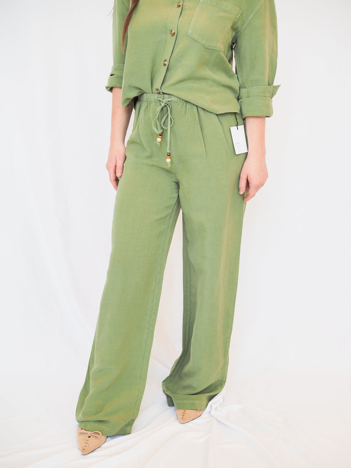 Beaded Drawstring Pant in Olive Leaf