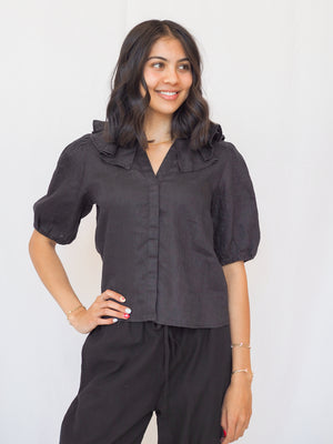 Milan Black Ruffle Collar Linen Blouse