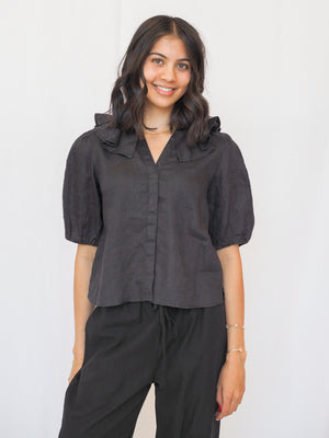 Milan Black Ruffle Collar Linen Blouse