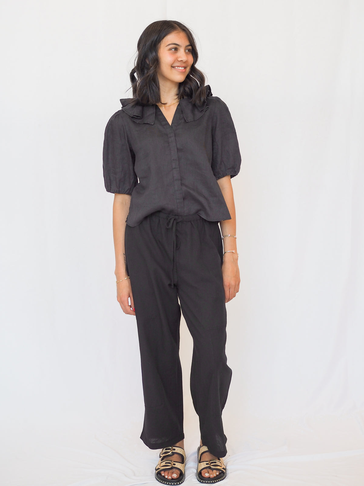 Milan Black Ruffle Collar Linen Blouse