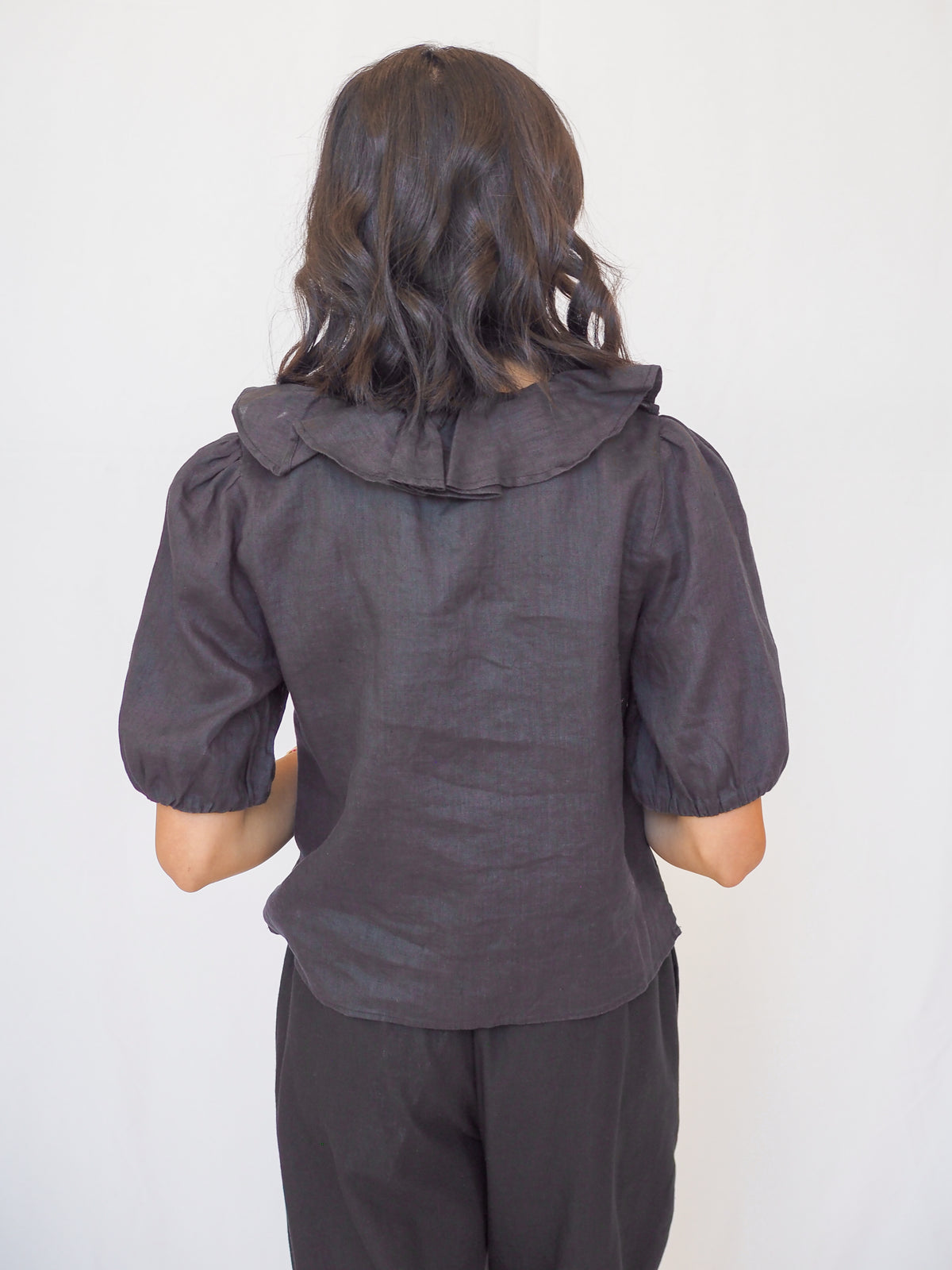 Milan Black Ruffle Collar Linen Blouse