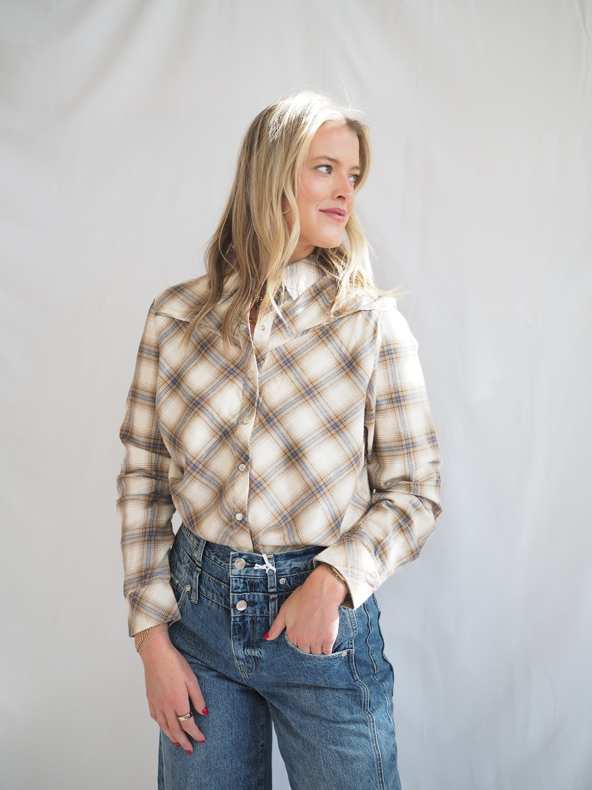 Yana Pearl Snap Plaid Shirt in Cream